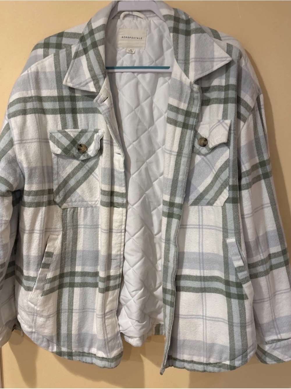 Aeropostale Quilted Plaid Utility Jacket in Sage and White